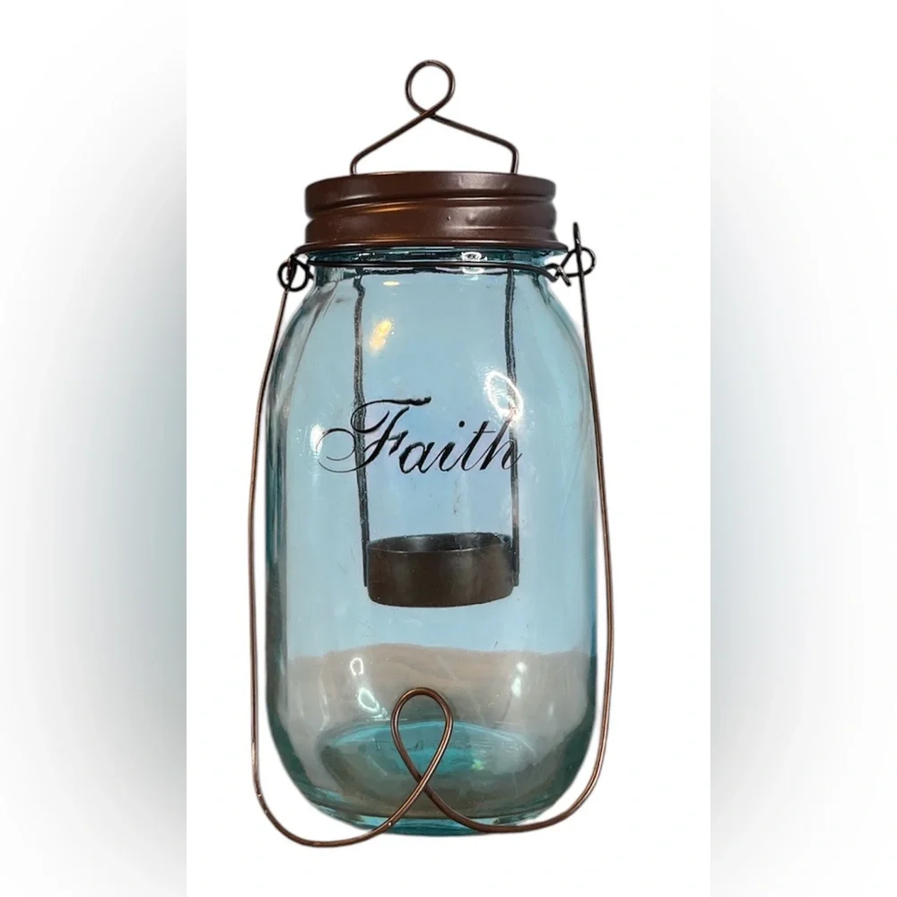 “Faith” Blue Glass Tealight Candle Lantern
